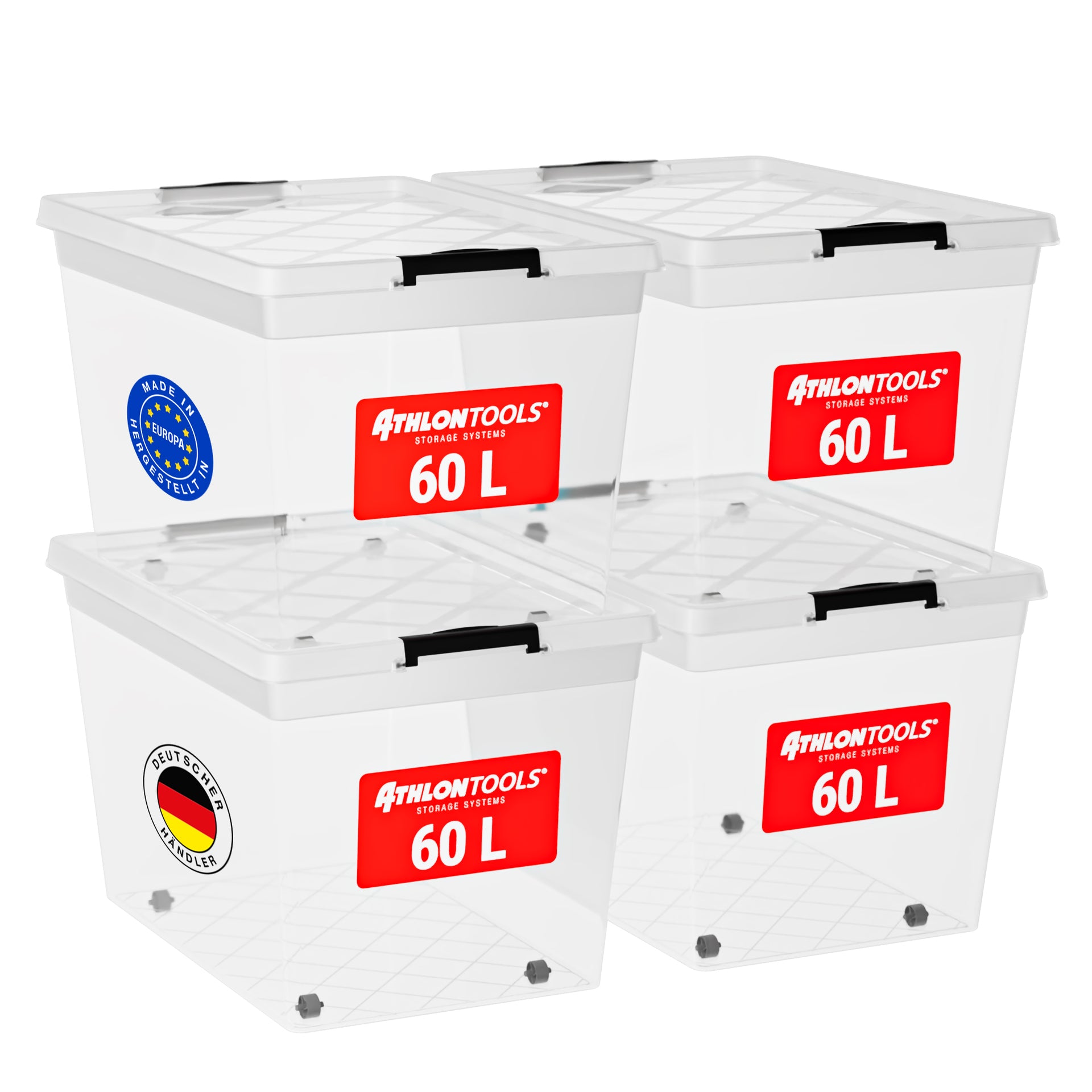 4x 60 L Aufbewahrungsboxen mit Deckel – ATHLON TOOLS