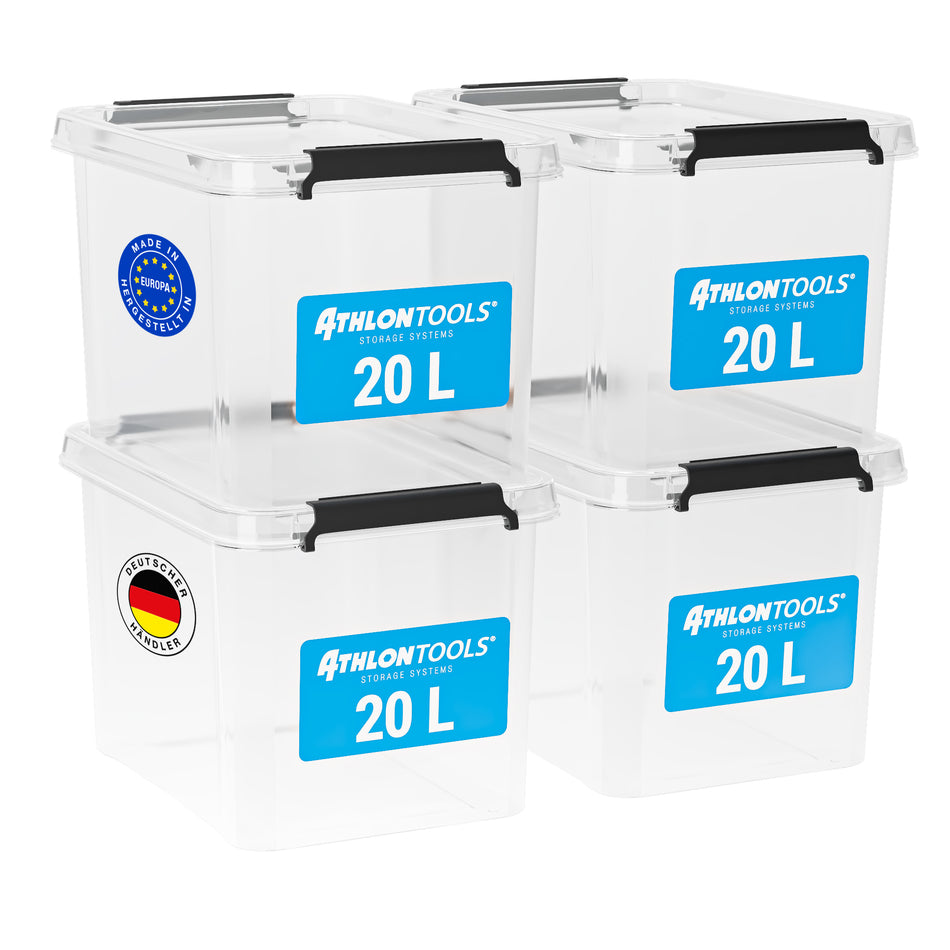 ATHLON TOOLS 4x 20 L Aufbewahrungsboxen mit Deckel