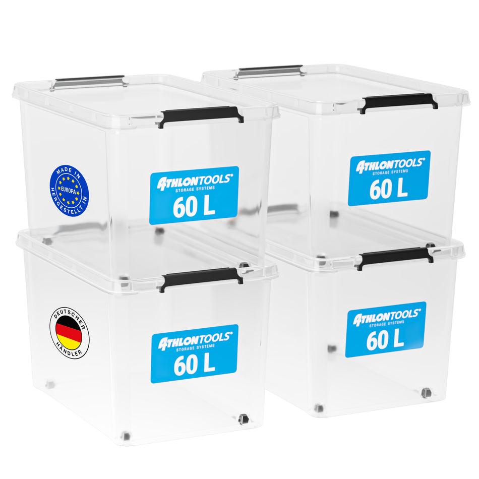 ATHLON TOOLS 4x 60 L Aufbewahrungsboxen mit Deckel