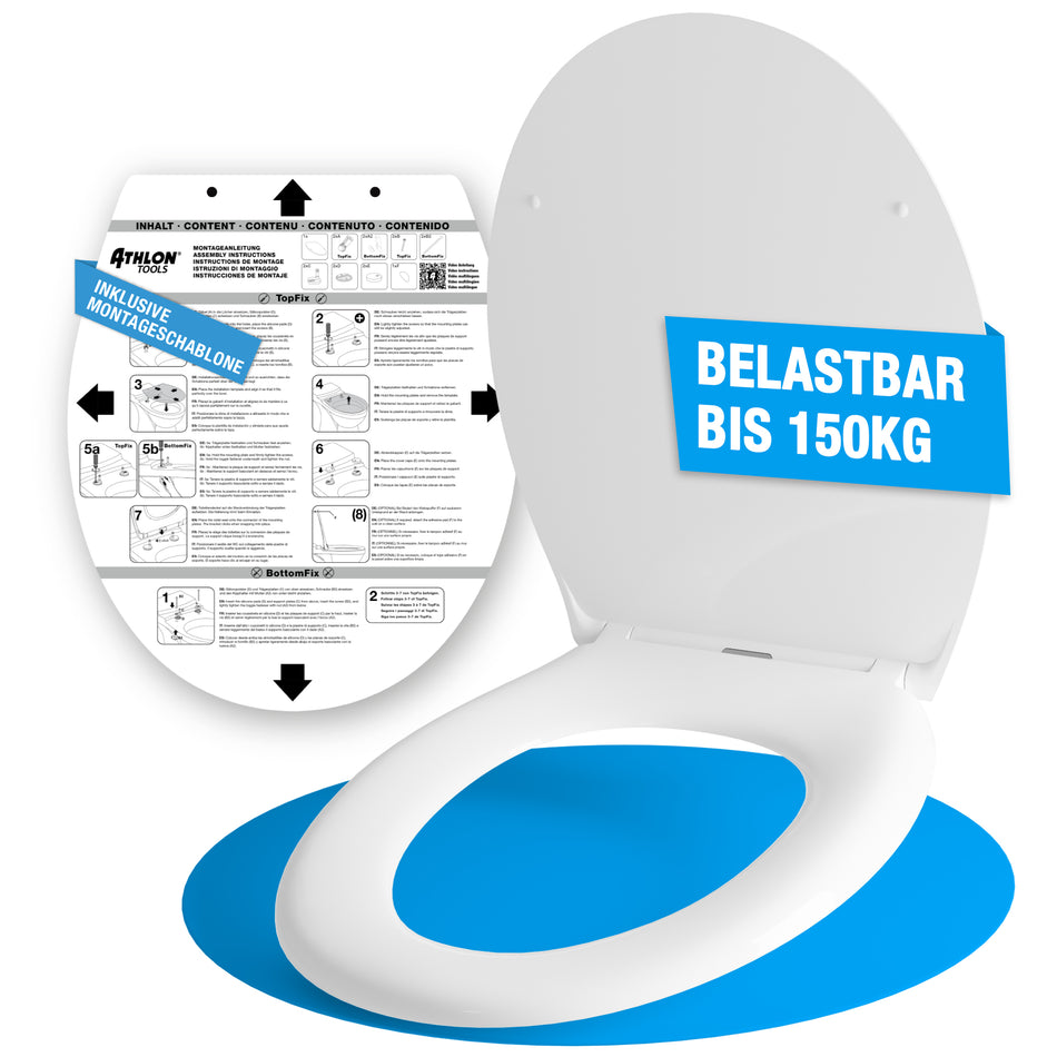 Toilettendeckel mit Absenkautomatik Oval/O-Form – Duroplast WC Sitz, Soft-Close & Quick-Release – Antibakterielle, kratzfeste & UV-beständige Klobrille inkl. Installationsschablone