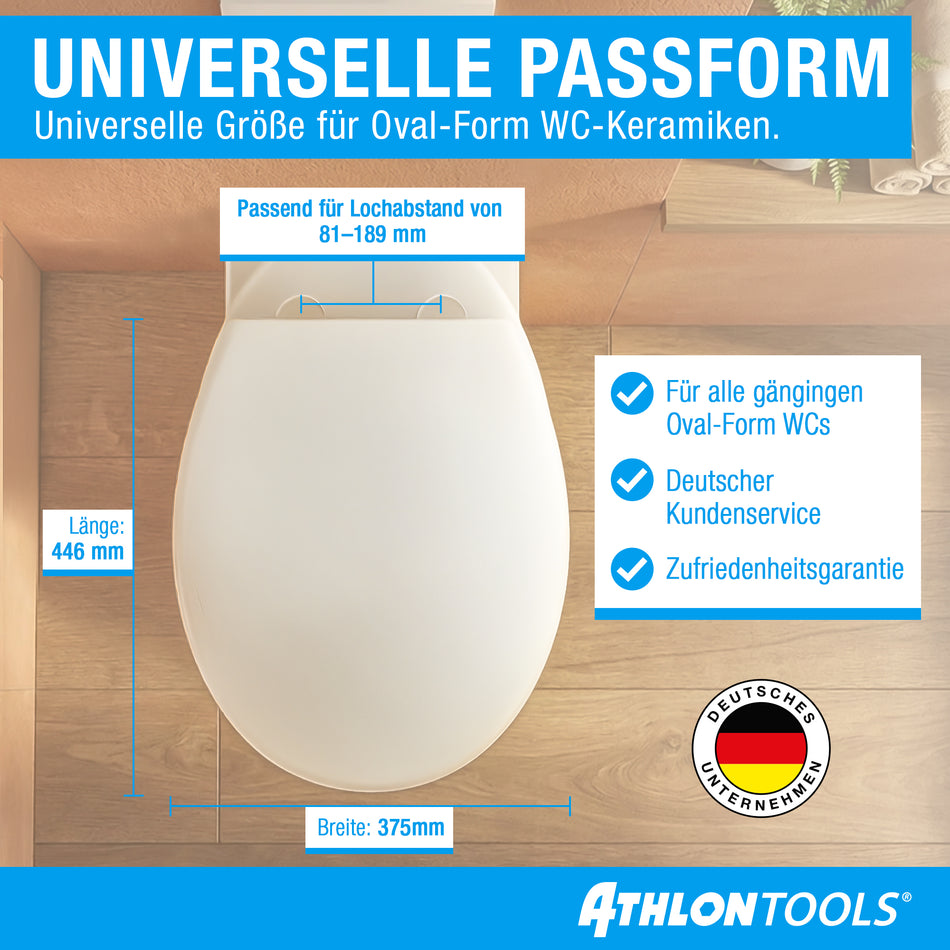 Toilettendeckel mit Absenkautomatik Oval/O-Form – Duroplast WC Sitz, Soft-Close & Quick-Release – Antibakterielle, kratzfeste & UV-beständige Klobrille inkl. Installationsschablone