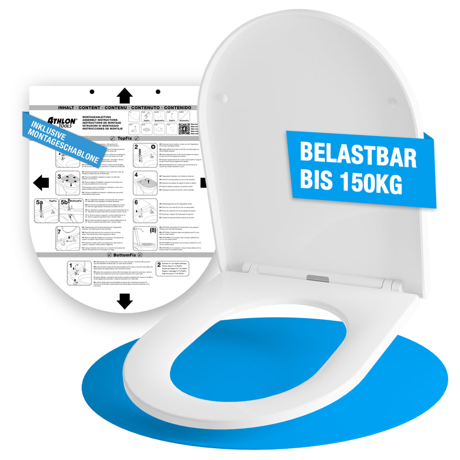 Toilettendeckel mit Absenkautomatik D-Form – Duroplast WC Sitz, Soft-Close & Quick-Release – Antibakterielle, kratzfeste & UV-beständige Klobrille inkl. Installationsschablone