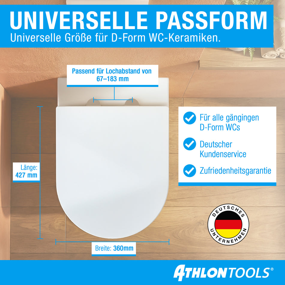 Toilettendeckel mit Absenkautomatik D-Form – Duroplast WC Sitz, Soft-Close & Quick-Release – Antibakterielle, kratzfeste & UV-beständige Klobrille inkl. Installationsschablone