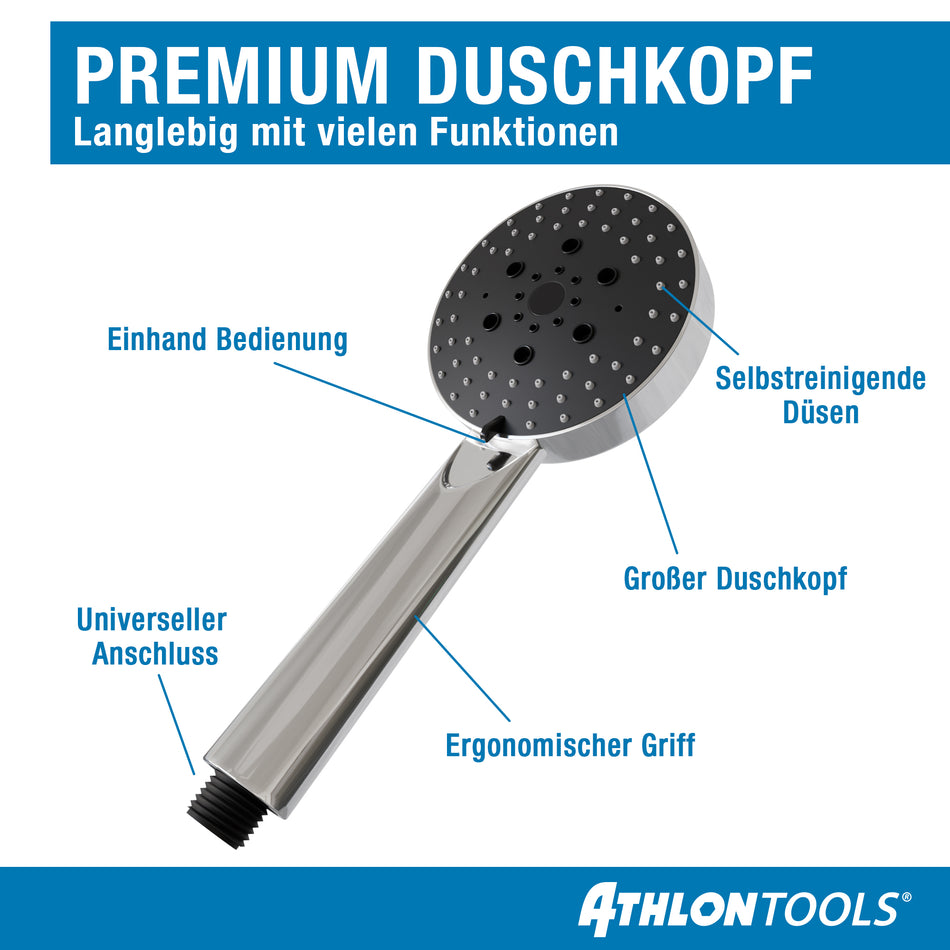 ATHLON TOOLS Duschkopf mit Schlauch - 5 Strahlarten Duschbrause