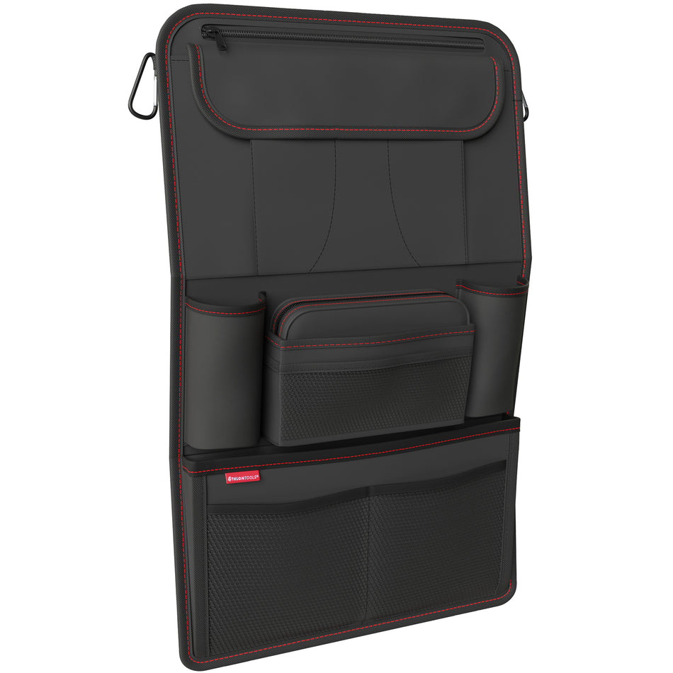 Autositz-Organizer mit 11" Tablet-Tasche mit roten Nähten